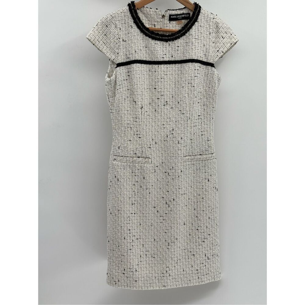 Karl‎ Lagerfeld Dress Boucle Tweed Sheath Women Size 4 White Black Short Sleeve